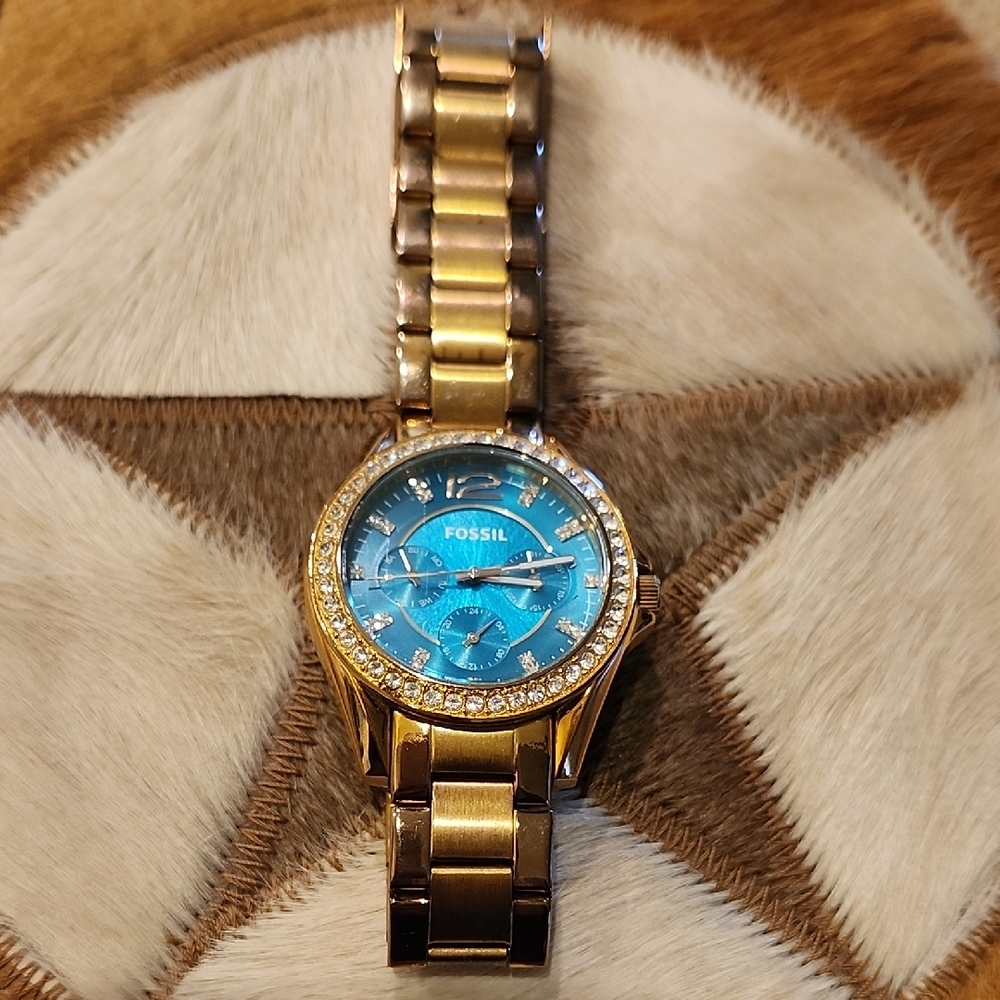 Fossil Gold Tone Watch with Blue Dial and Crystal Accent
